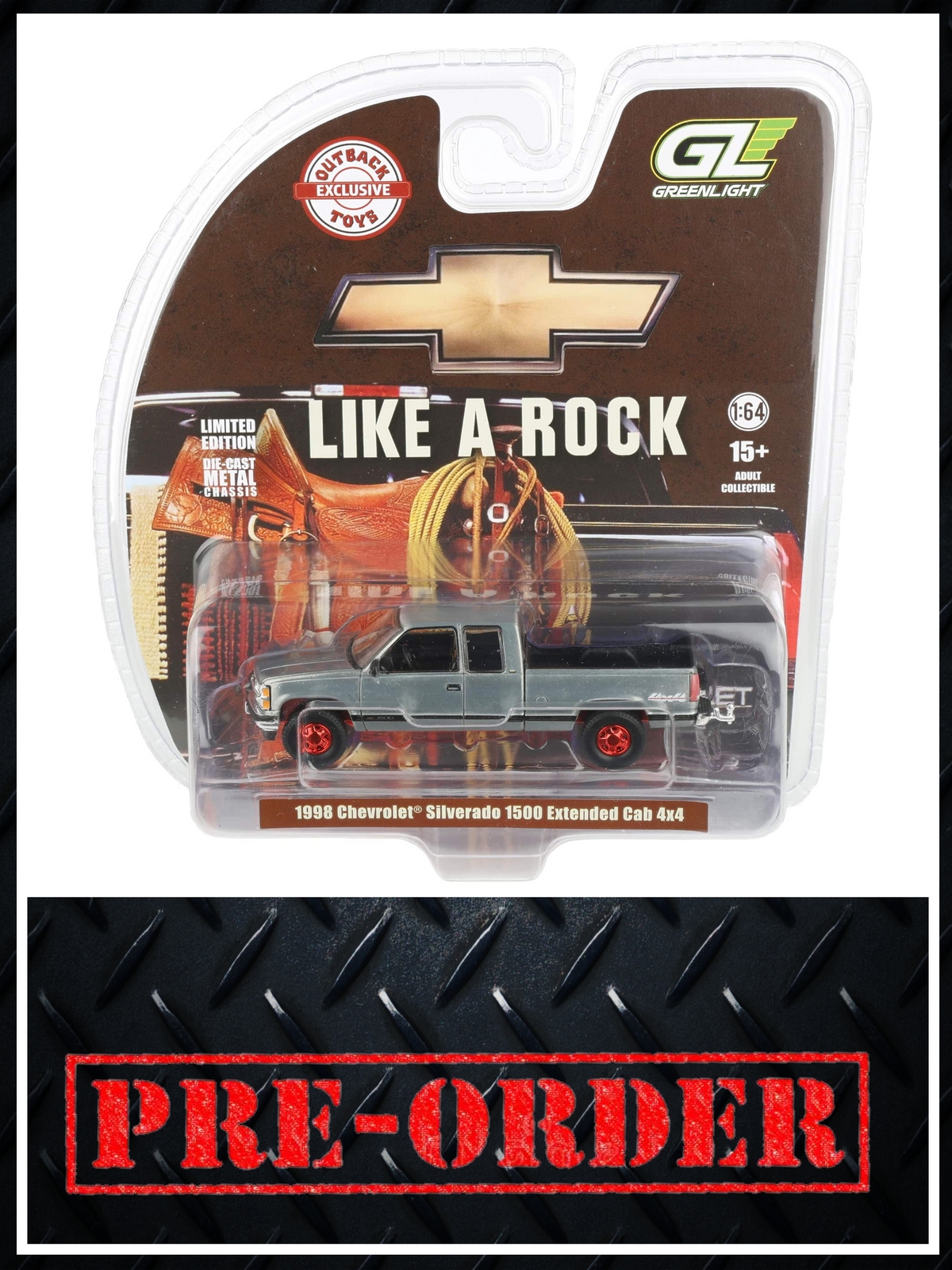 RAW CHASE GREENLIGHT 1998 Chevrolet Silverado 1500 4x4 Victory Red 1:64 Diecast OBT Exclusive PRE-ORDER