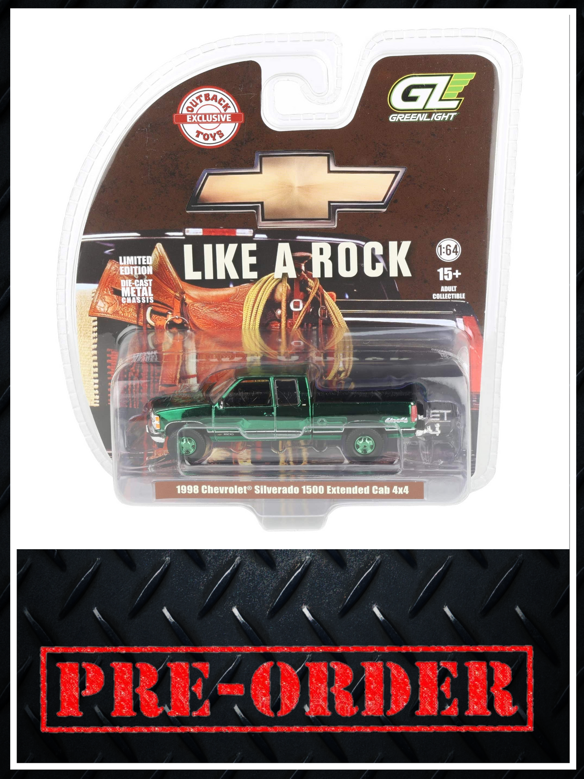 CHROME CHASE GREENLIGHT 1998 Chevrolet Silverado 1500 4x4 Emerald Green 1:64 Diecast OBT Exclusive PRE-ORDER