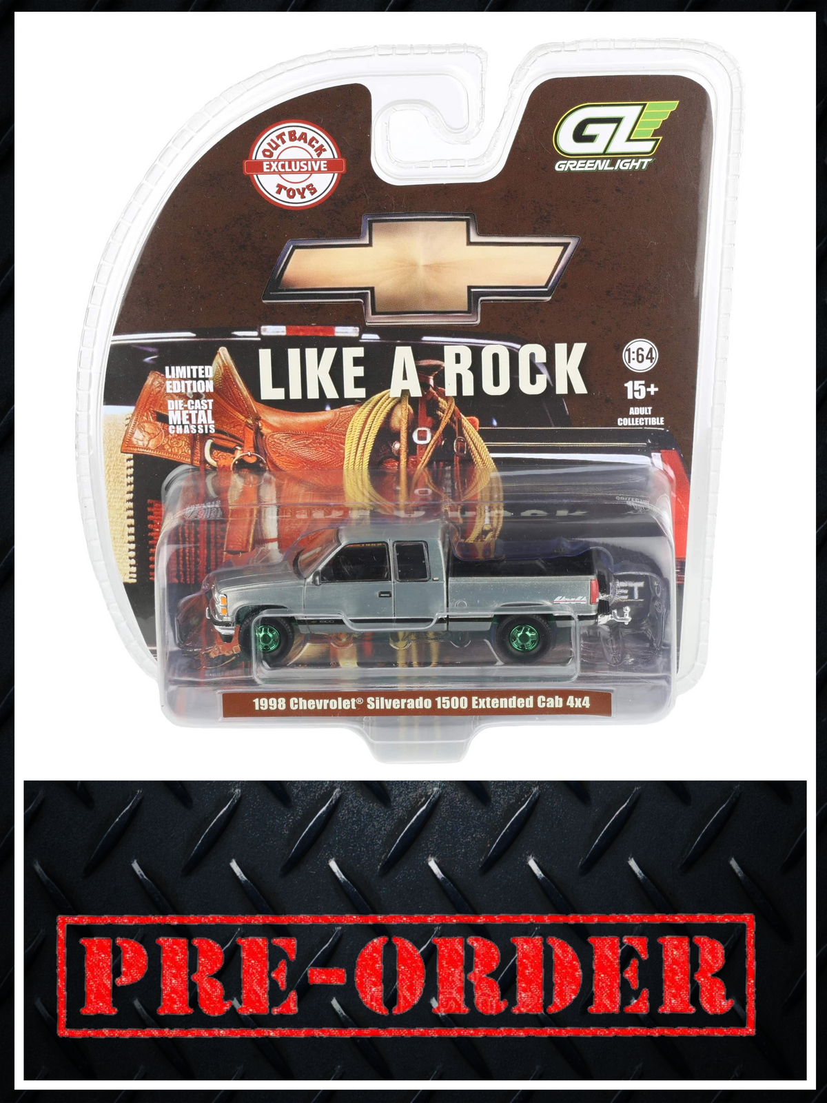 RAW CHASE GREENLIGHT 1998 Chevrolet Silverado 1500 4x4 Emerald Green 1:64 Diecast OBT Exclusive PRE-ORDER