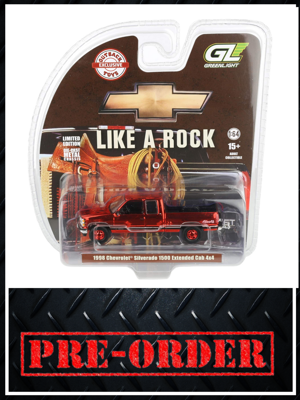 CHROME CHASE GREENLIGHT 1998 Chevrolet Silverado 1500 4x4 Victory Red 1:64 Diecast OBT Exclusive PRE-ORDER