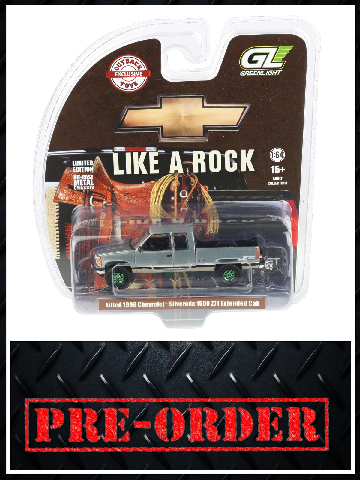RAW CHASE GREENLIGHT 1998 Chevrolet Silverado 1500 4x4 Green & Tan 1:64 Diecast OBT Exclusive PRE-ORDER