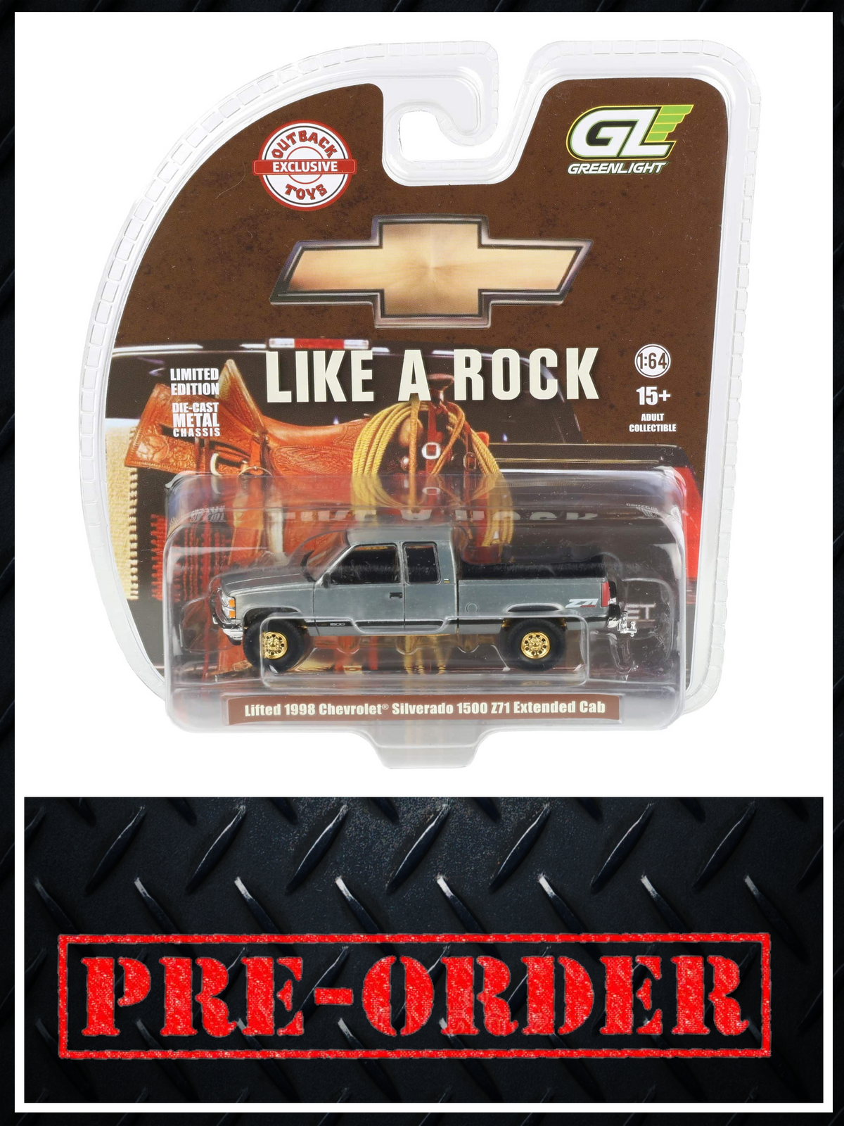 RAW CHASE GREENLIGHT 1998 Chevrolet Silverado 1500 4x4 Sandrift 1:64 Diecast OBT Exclusive PRE-ORDER