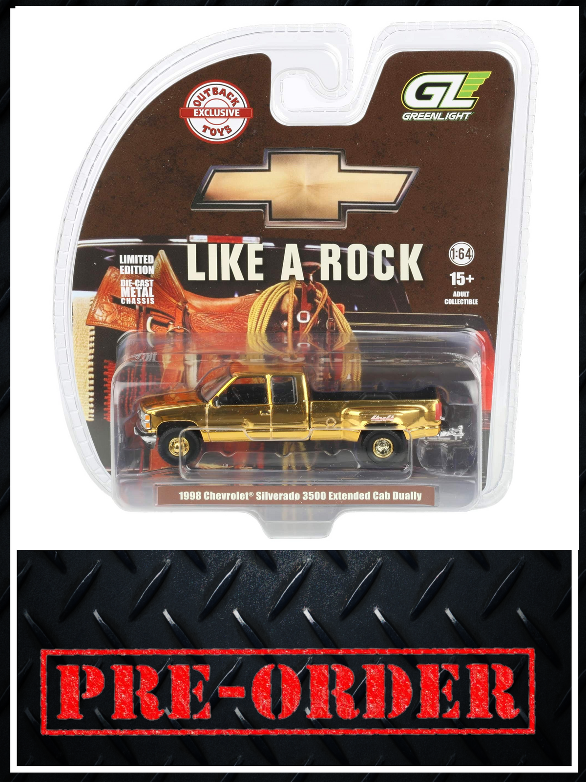CHROME CHASE GREENLIGHT 1998 Chevrolet Silverado 3500 4x4 Black 1:64 Diecast OBT Exclusive PRE-ORDER