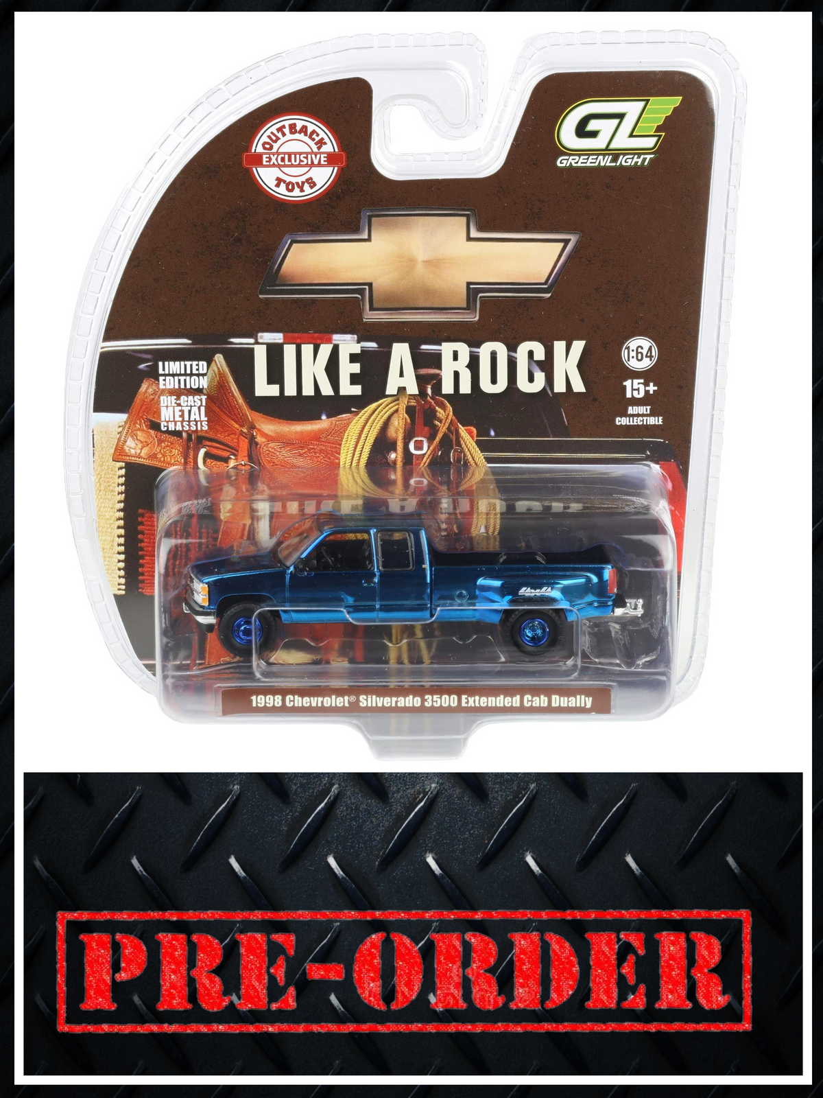 CHROME CHASE GREENLIGHT 1998 Chevrolet Silverado 3500 4x4 Blue 1:64 Diecast OBT Exclusive PRE-ORDER