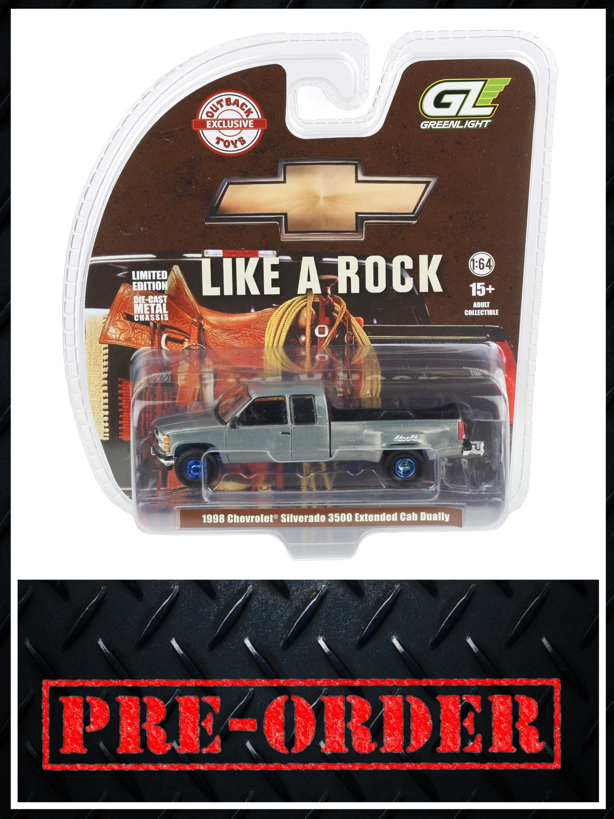RAW CHASE GREENLIGHT 1998 Chevrolet Silverado 3500 4x4 Blue 1:64 Diecast OBT Exclusive PRE-ORDER