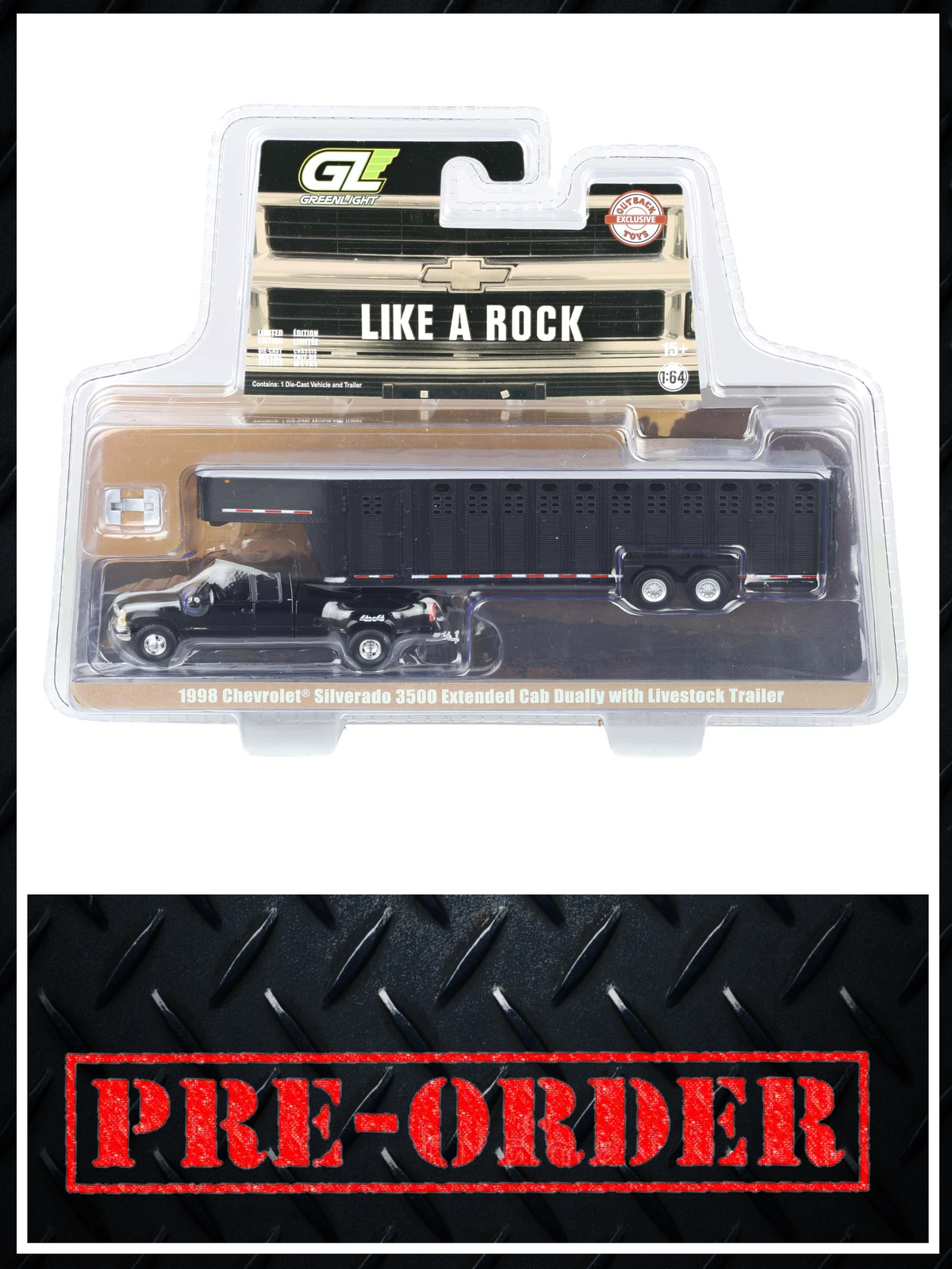 GREENLIGHT 1998 Chevrolet Silverado 3500 Black w/ Livestock Trailer 1:64 Diecast OBT Exclusive PRE-ORDER