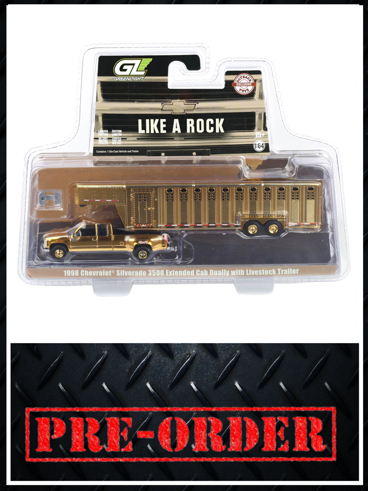 CHROME CHASE GREENLIGHT 1998 Chevrolet Silverado 3500 Black w/ Livestock Trailer 1:64 Diecast OBT Exclusive PRE-ORDER