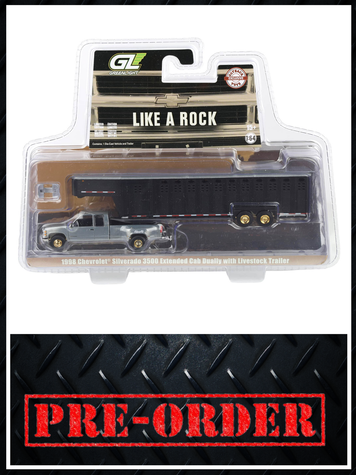 RAW CHASE GREENLIGHT 1998 Chevrolet Silverado 3500 Black w/ Livestock Trailer 1:64 Diecast OBT Exclusive PRE-ORDER