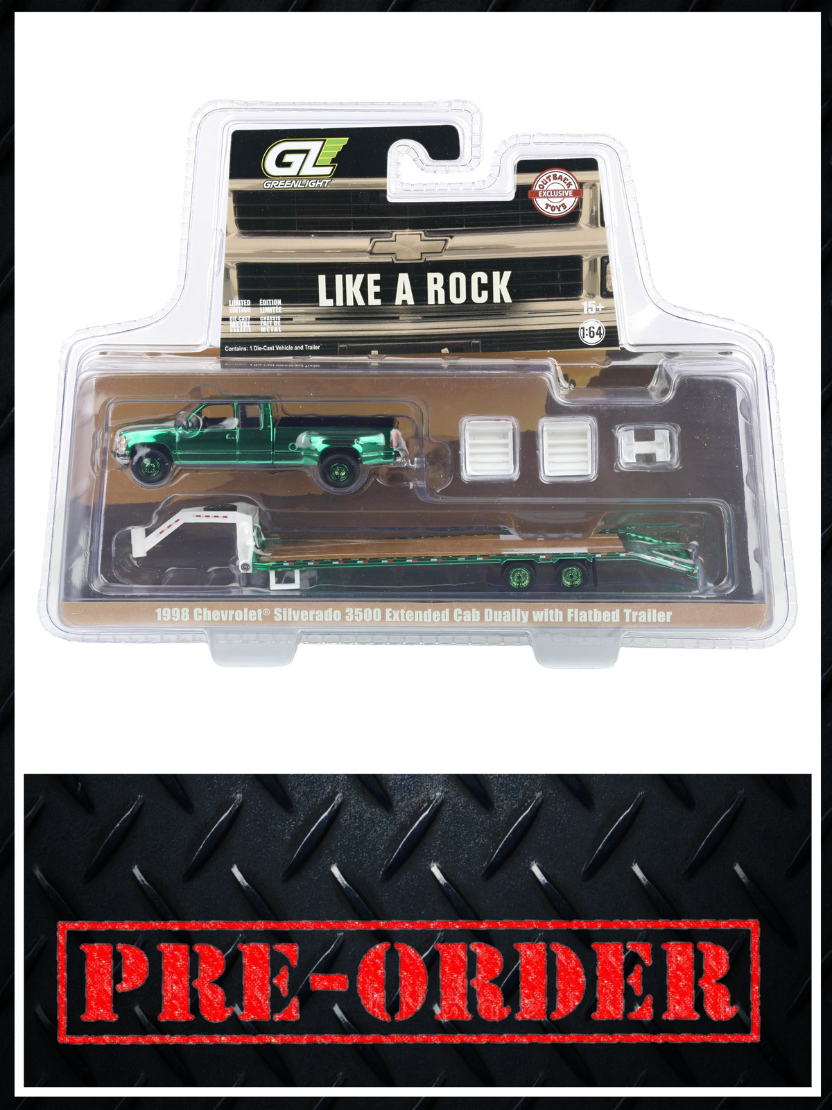 CHROME CHASE GREENLIGHT 1998 Chevrolet Silverado 3500 White w/ Gooseneck Trailer 1:64 Diecast OBT Exclusive PRE-ORDER