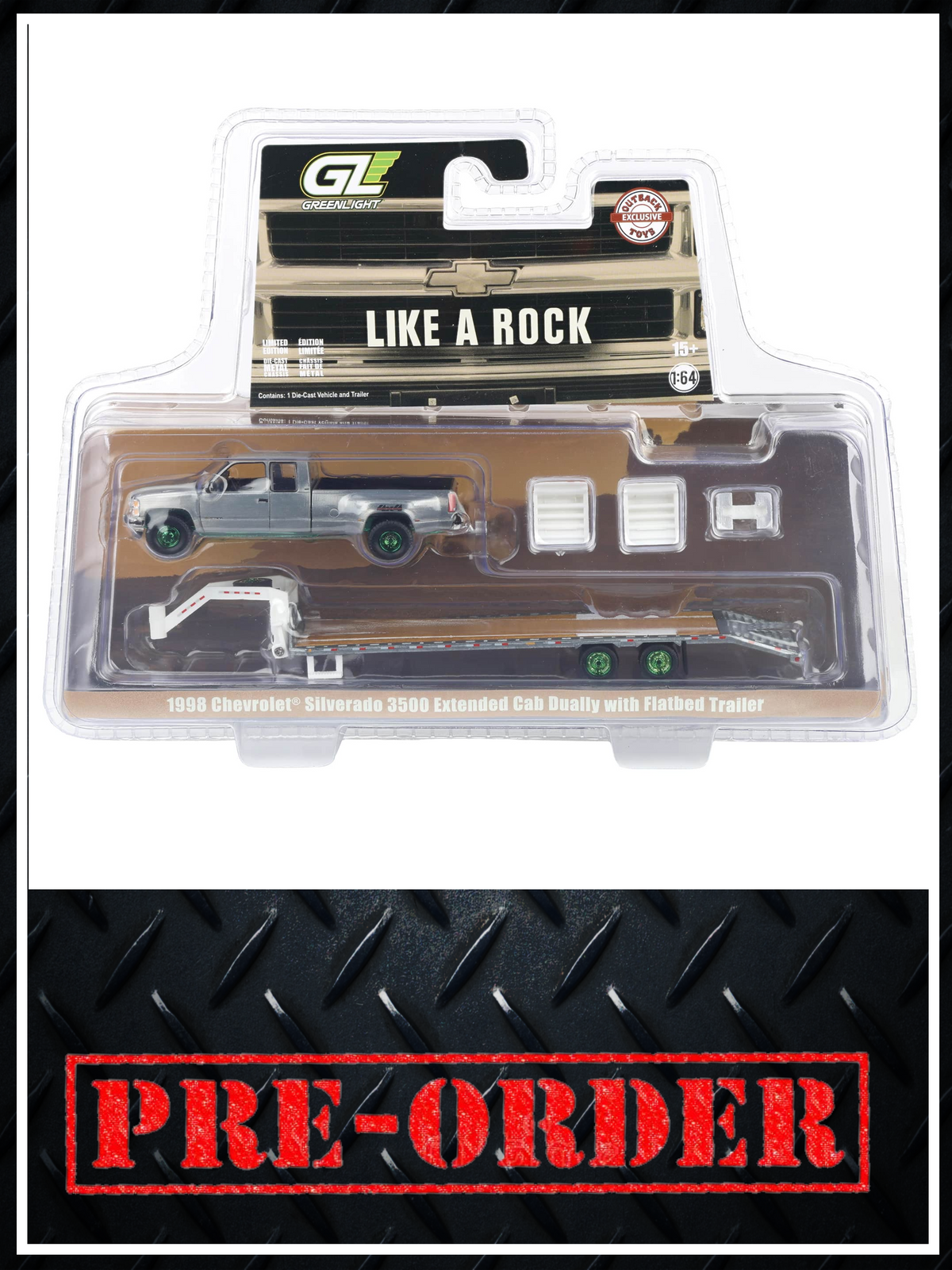 RAW CHASE GREENLIGHT 1998 Chevrolet Silverado 3500 White w/ Gooseneck Trailer 1:64 Diecast OBT Exclusive PRE-ORDER