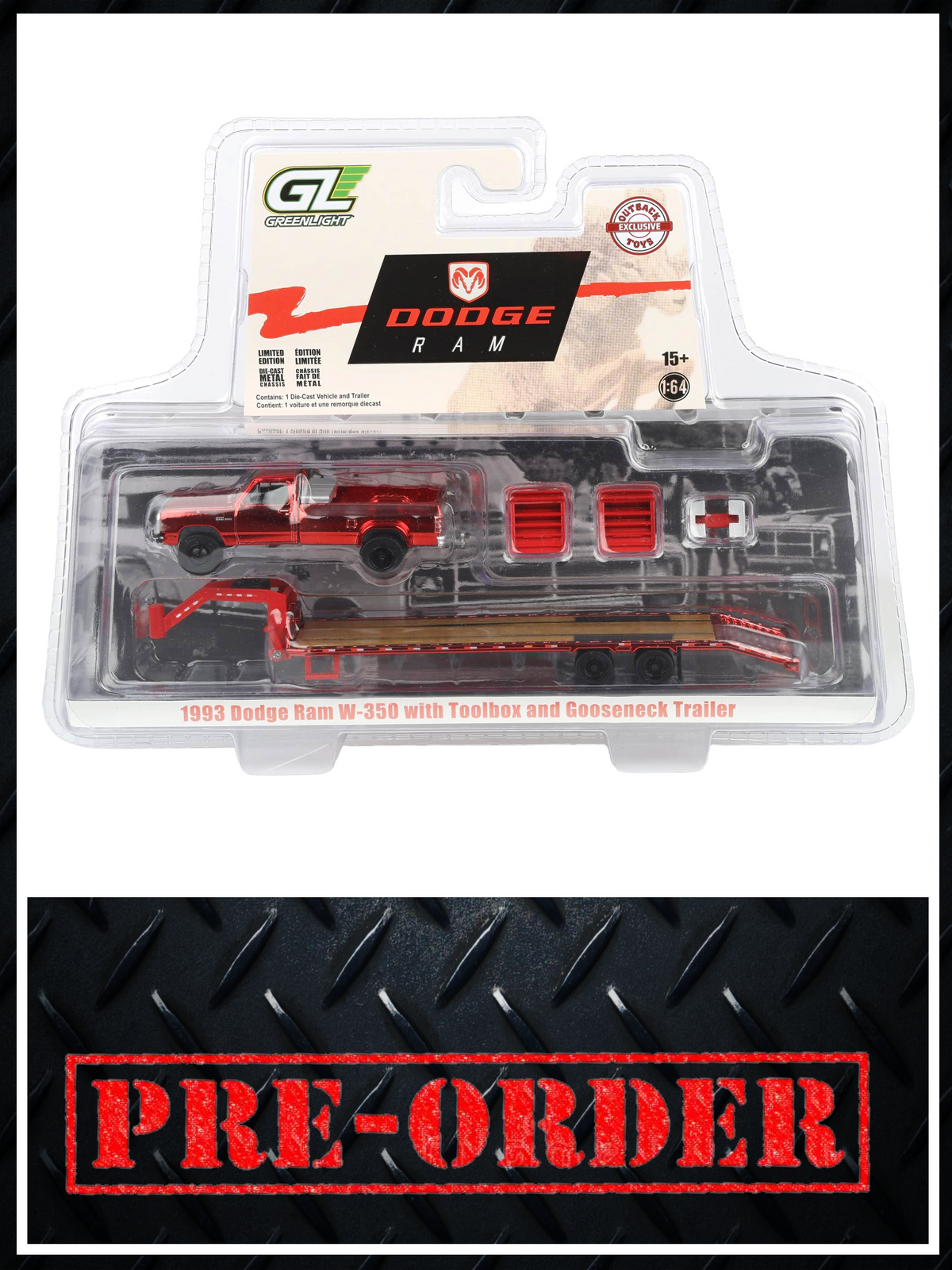 CHROME CHASE GREENLIGHT 1993 Dodge Ram W350 Black w/ Gooseneck Trailer 1:64 Diecast OBT Exclusive PRE-ORDER