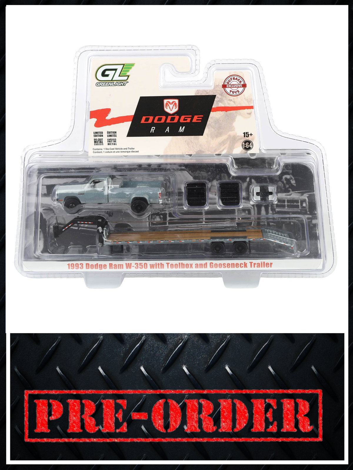 RAW CHASE GREENLIGHT 1993 Dodge Ram W350 Black w/ Gooseneck Trailer 1:64 Diecast OBT Exclusive PRE-ORDER