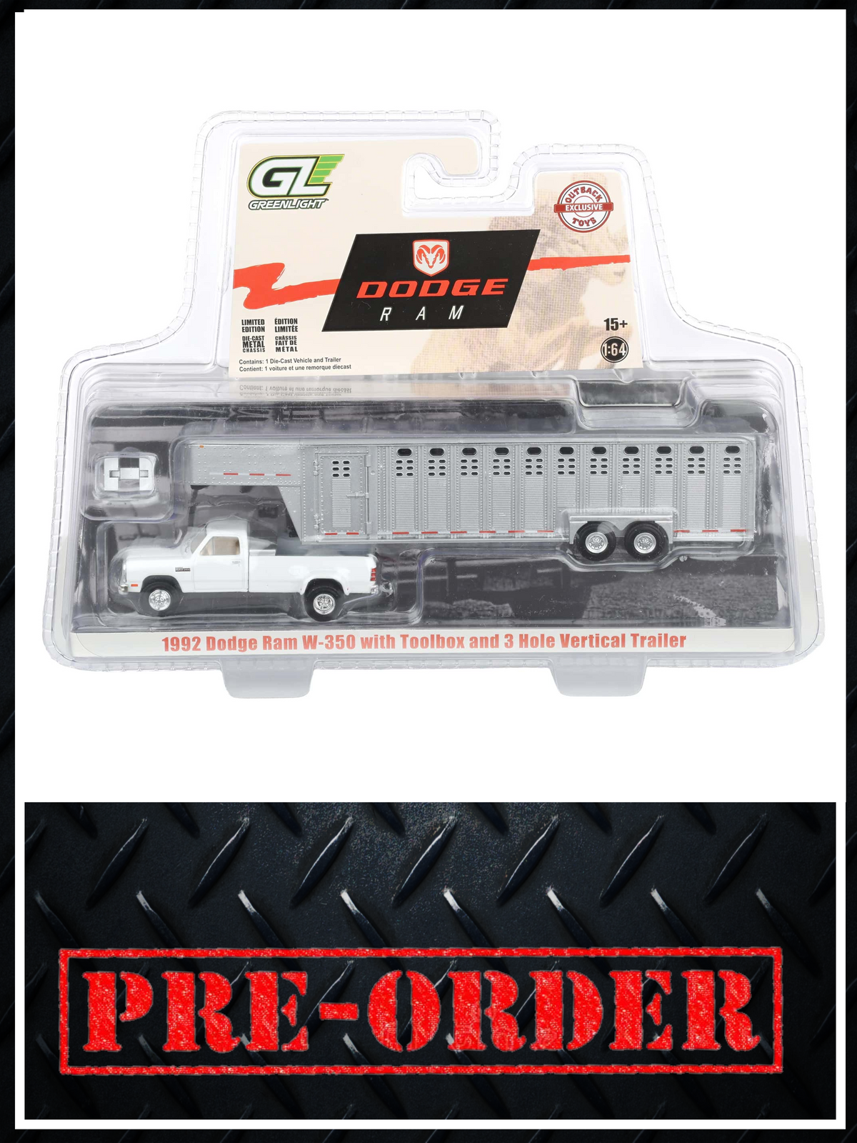 GREENLIGHT 1993 Dodge Ram W350 White w/ Livestock Trailer 1:64 Diecast OBT Exclusive PRE-ORDER