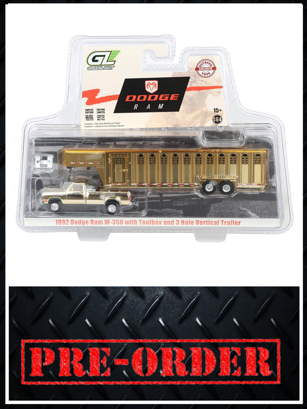 CHROME CHASE GREENLIGHT 1993 Dodge Ram W350 White w/ Livestock Trailer 1:64 Diecast OBT Exclusive PRE-ORDER
