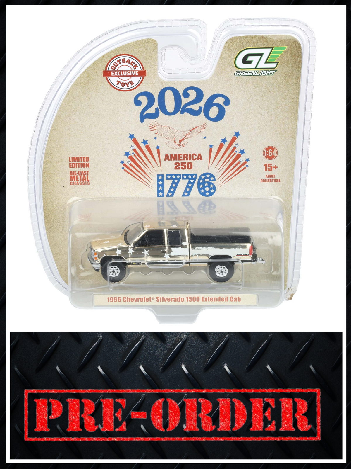 GOLD CHROME CHASE GREENLIGHT 1996 Chevrolet Silverado USA 250 Years 1:64 Diecast OBT Exclusive PRE-ORDER