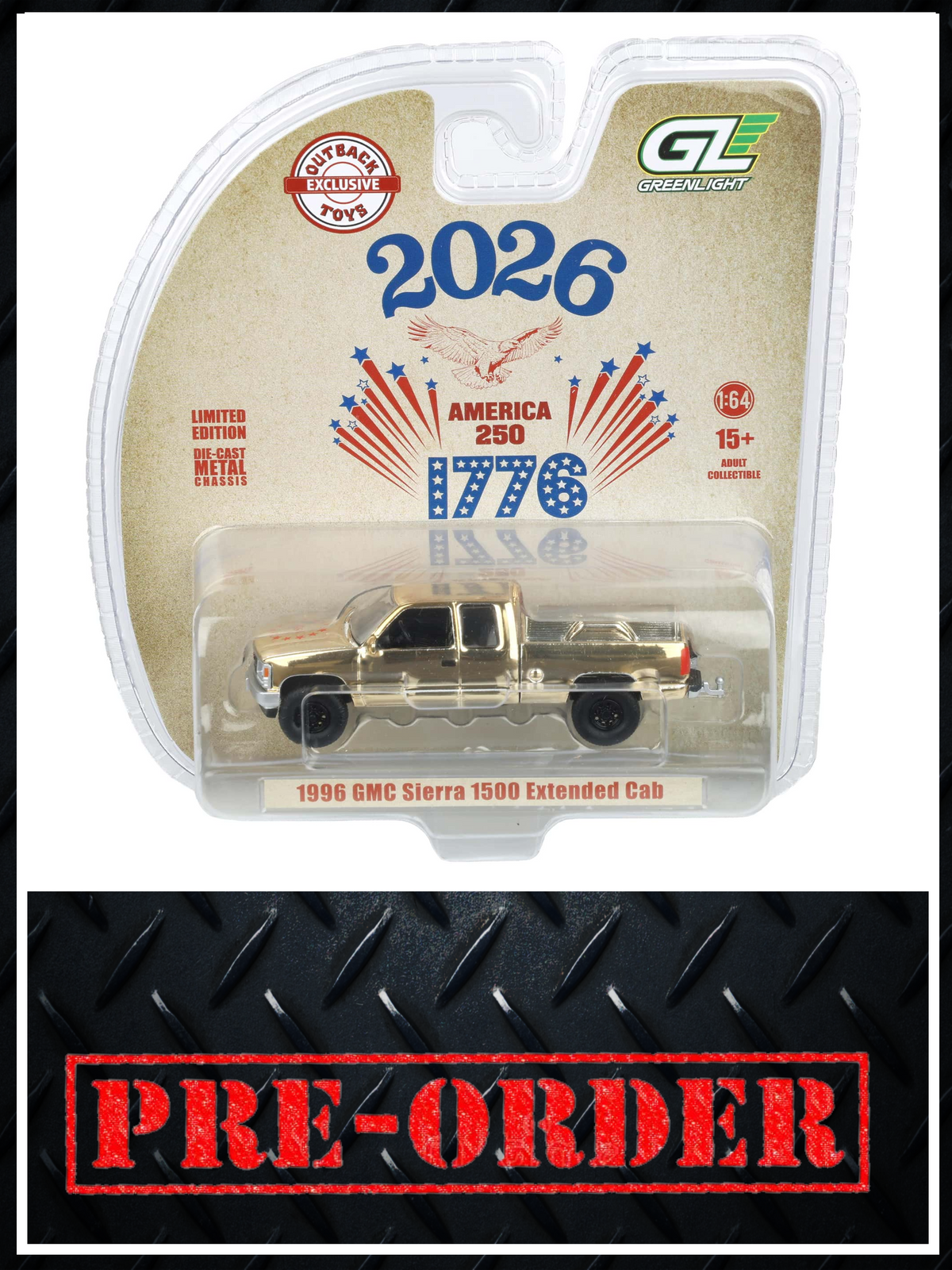 GOLD CHROME CHASE GREENLIGHT 1996 GMC Sierra USA 250 Years 1:64 Diecast OBT Exclusive PRE-ORDER