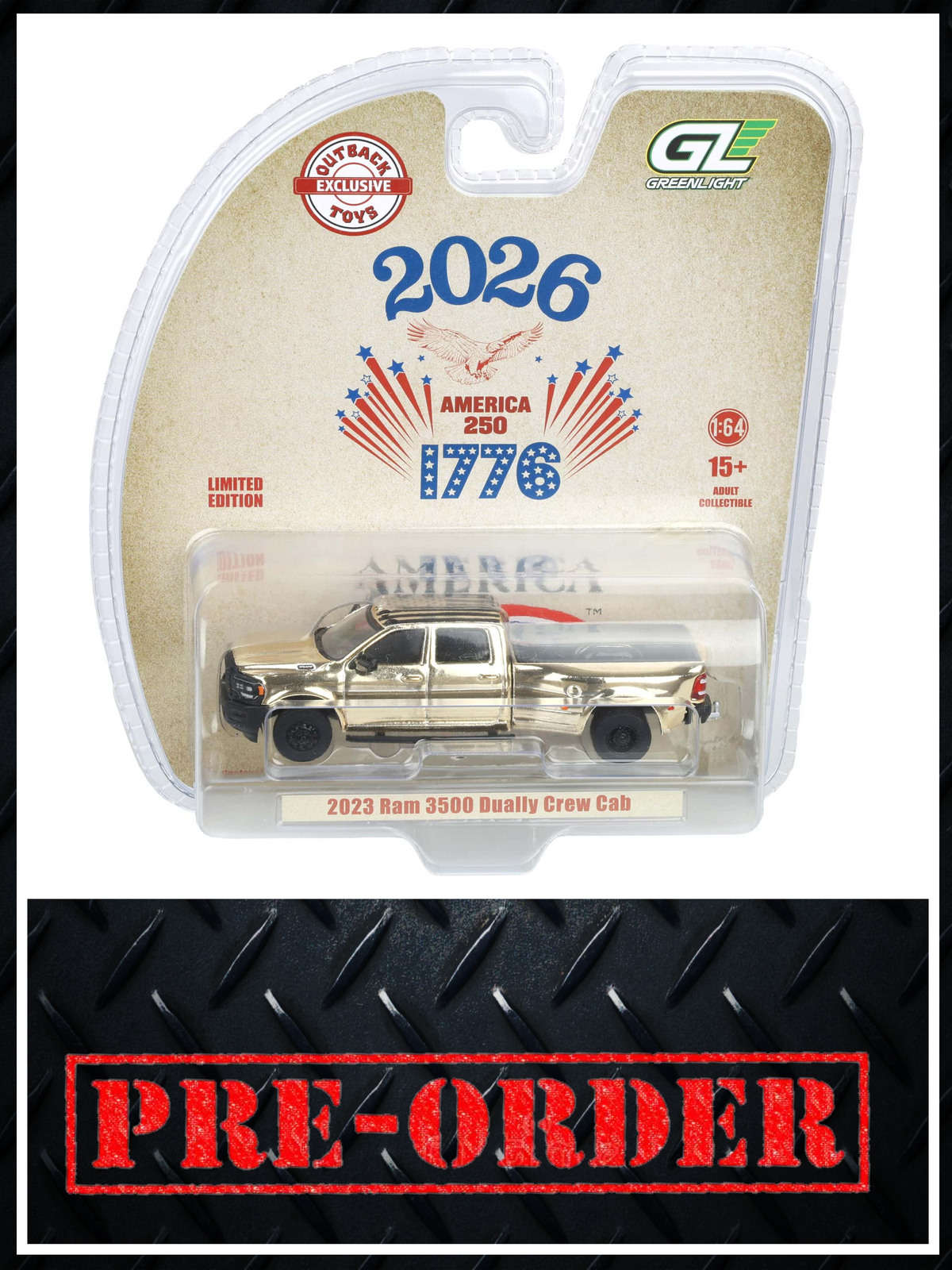 CHROME CHASE GREENLIGHT 2023 Ram 3500 USA 250 Years 1:64 Diecast OBT Exclusive PRE-ORDER