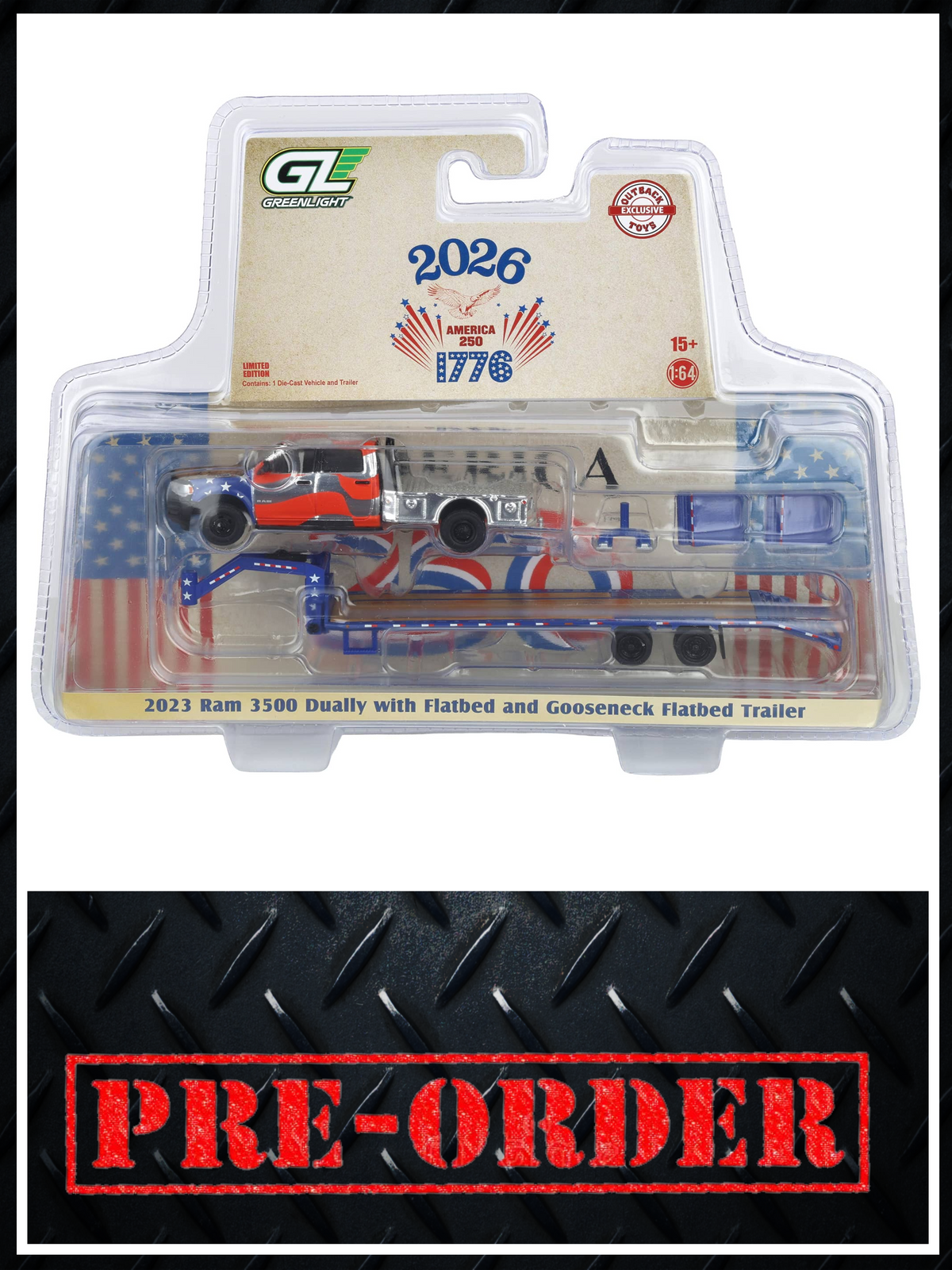 CHROME CHASE GREENLIGHT 2023 Ram 3500 w/ Gooseneck Trailer USA 250 Years 1:64 Diecast OBT Exclusive PRE-ORDER