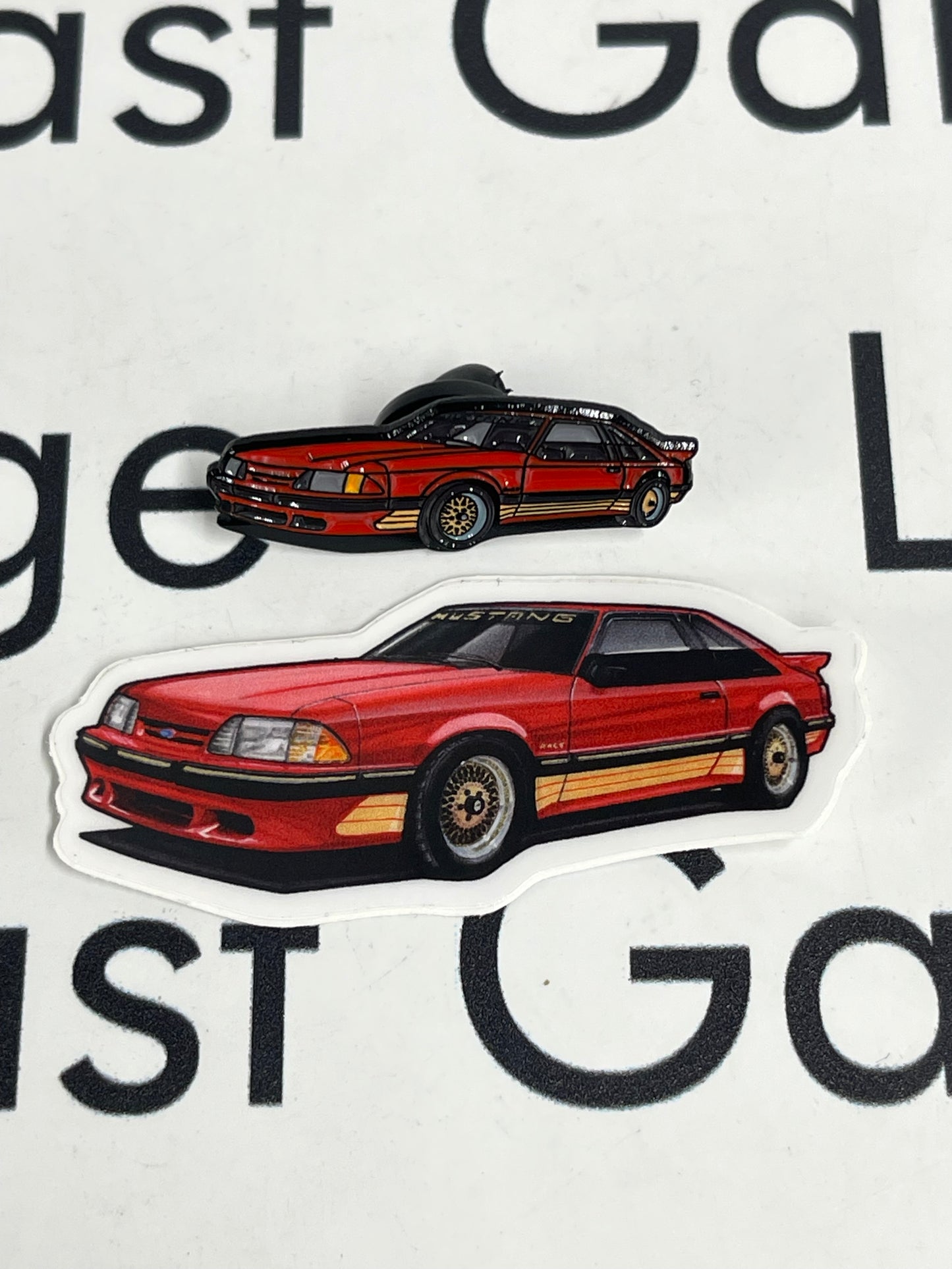 LP Diecast Exclusive 1988 Ford Mustang SLN Red Pin & Sticker Set