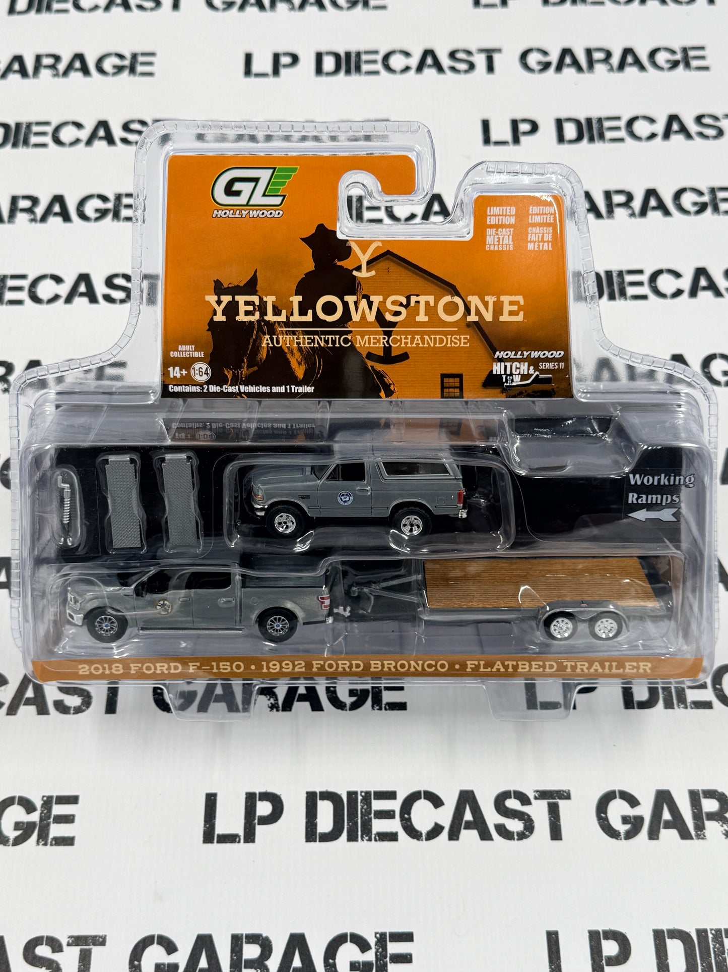 RAW CHASE GREENLIGHT 2018 Ford F-150 1992 Bronco Trailer Yellowstone 1:64 Diecast Set