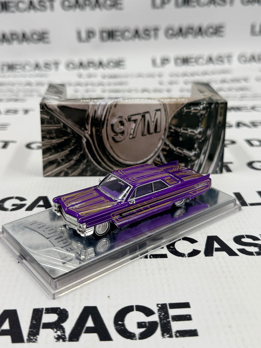 97M Custom Lowriders 1964 Cadillac Coupe Deville Purple 1:64 Diecast Adjustable Suspension