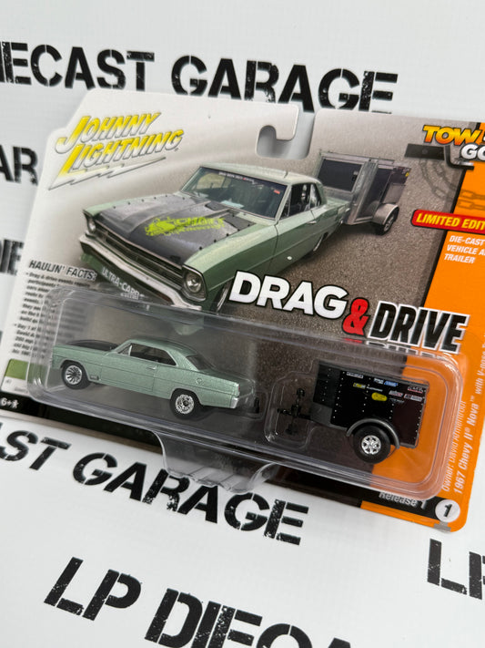 JOHNNY LIGHTNING 1967 Chevy II Nova w/ Trailer Drag & Drive 1:64 Diecast