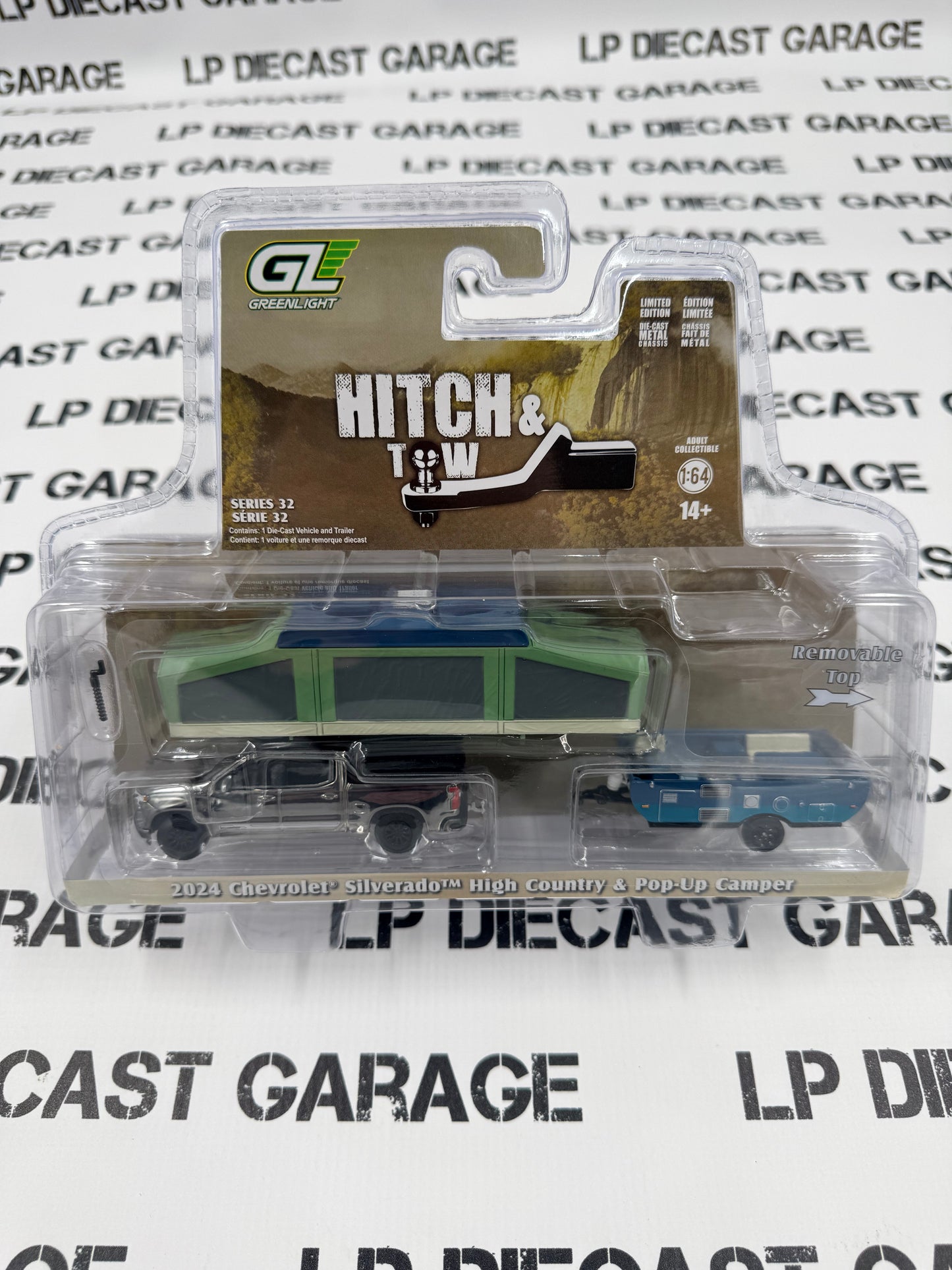 CHROME CHASE GREENLIGHT 2024 Chevrolet Silverado & Pop-Up Camper Gray 1:64 Diecast Hitch & Tow