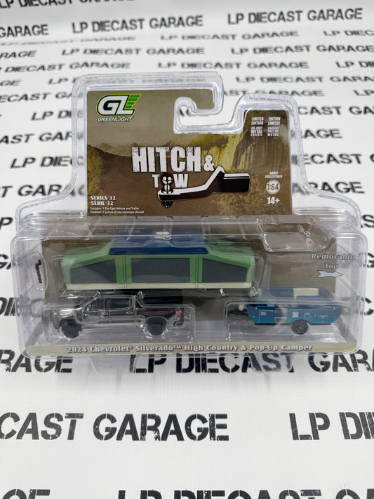 CHROME CHASE GREENLIGHT 2024 Chevrolet Silverado & Pop-Up Camper Gray 1:64 Diecast Hitch & Tow