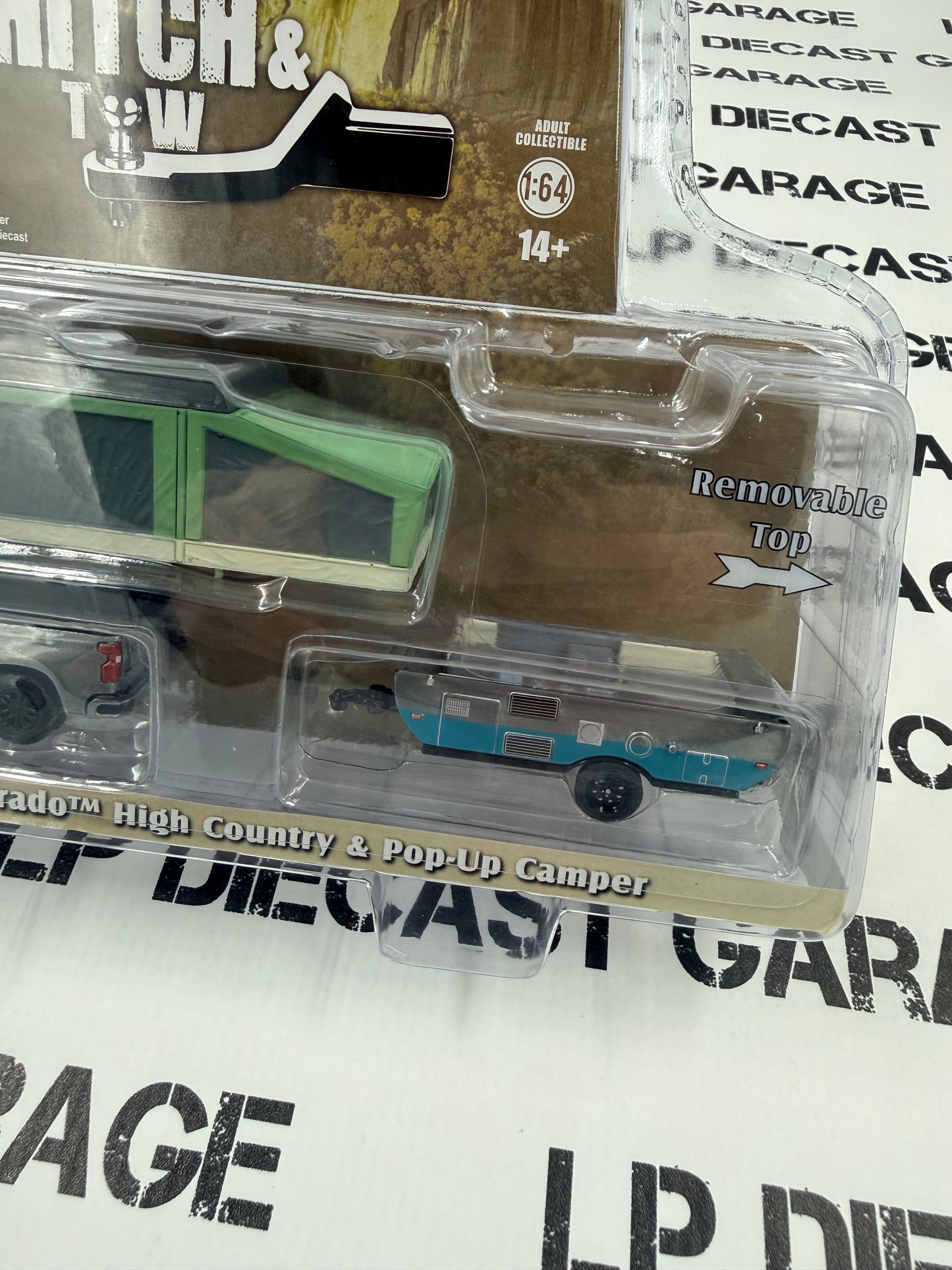 RAW CHASE GREENLIGHT 2024 Chevrolet Silverado & Pop-Up Camper Gray 1:64 Diecast Hitch & Tow