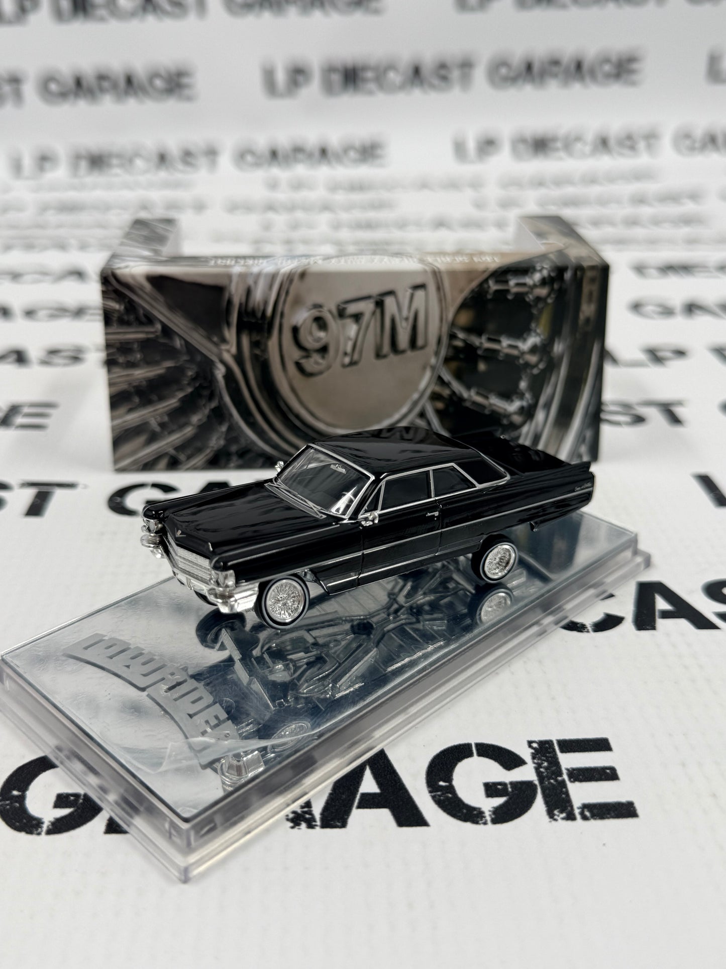 97M Custom Lowriders 1964 Cadillac Coupe Deville Black 1:64 Diecast Adjustable Suspension