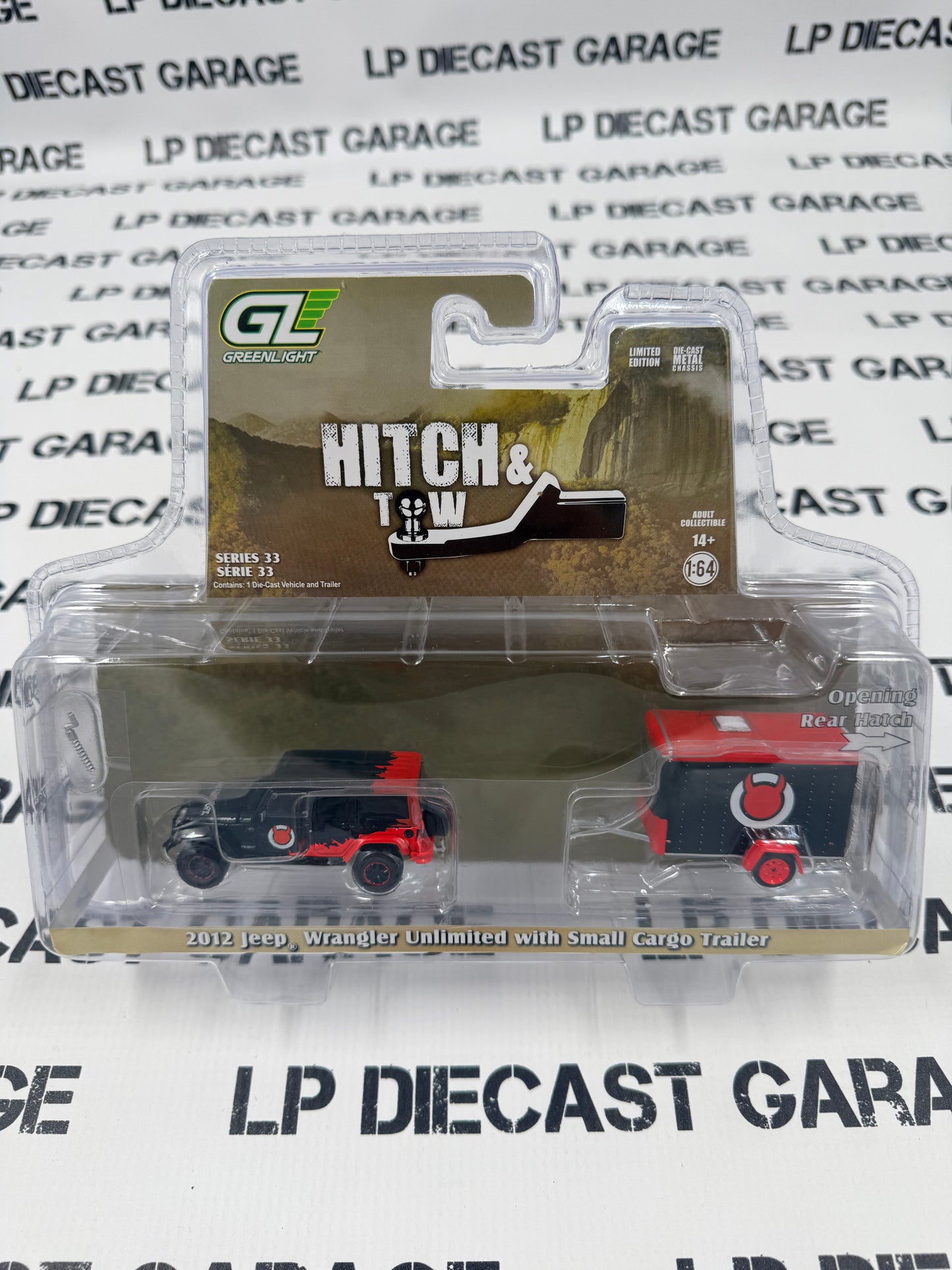 GREENLIGHT 2012 Jeep Wrangler w/ Cargo Trailer 1:64 Diecast Hitch & Tow
