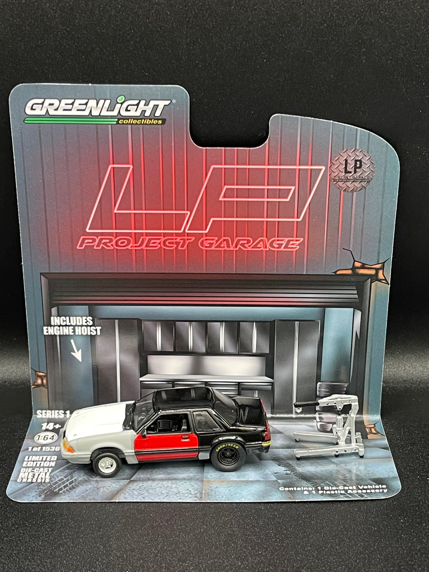 GREENLIGHT 1987 Ford Mustang LX with Engine Hoist Black Project LP Diecast Garage Exclusive 1:64 Diecast Promo