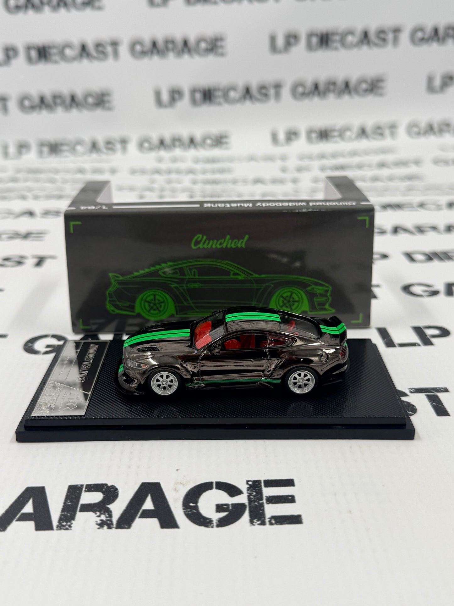 LIBERTY64 Ford Mustang Clinched Chrome w/ Green Stripes 1:64 Diecast Ghost Player