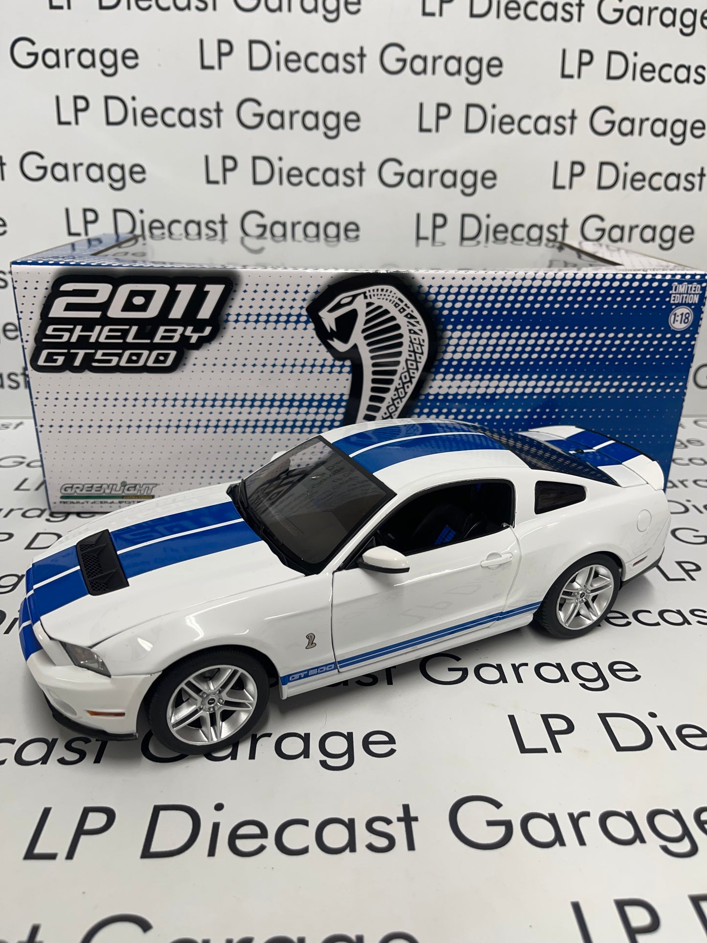GREENLIGHT 2011 Ford Mustang Shelby GT500 Performance White w/ Blue Stripes 1:18 Diecast