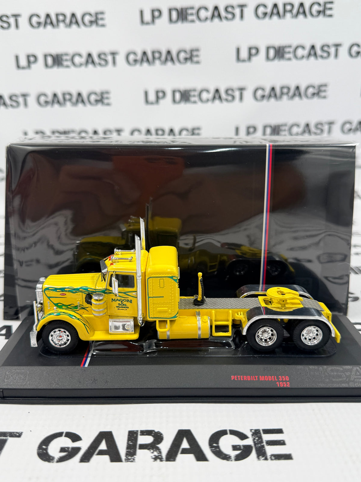 IXO Models 1962 Peterbilt 350 Yellow w/ Green Flames 1:64 Diecast Semi Truck