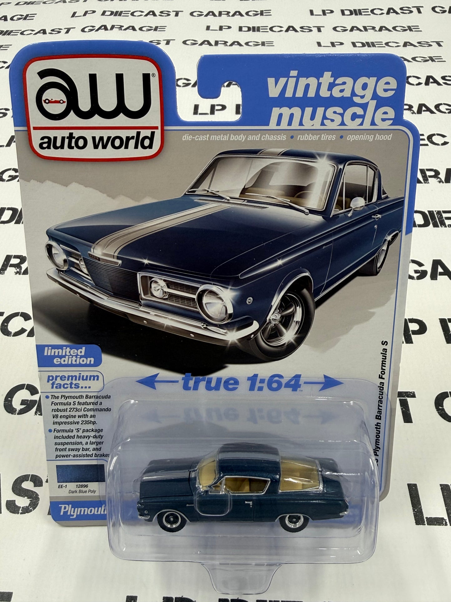 AUTO WORLD 1965 Plymouth Barracuda Formula S Blue 1:64 Diecast Vintage Muscle