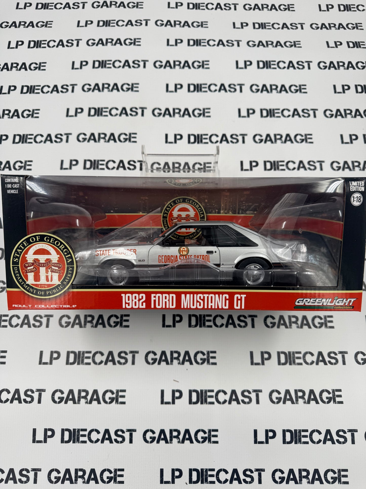 GREENLIGHT 1982 Ford Mustang SSP Georgia State Patrol Police State Trooper 1:18 Diecast *DAMAGED*