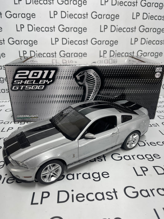 GREENLIGHT 2011 Ford Mustang Shelby GT500 Ingot Silver w/ Black Stripes 1:18 Diecast