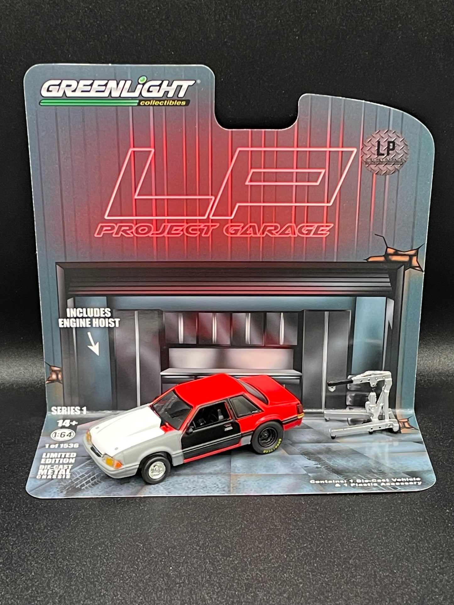 GREENLIGHT 1987 Ford Mustang LX with Engine Hoist Red Project LP Diecast Garage Exclusive 1:64 Diecast Promo