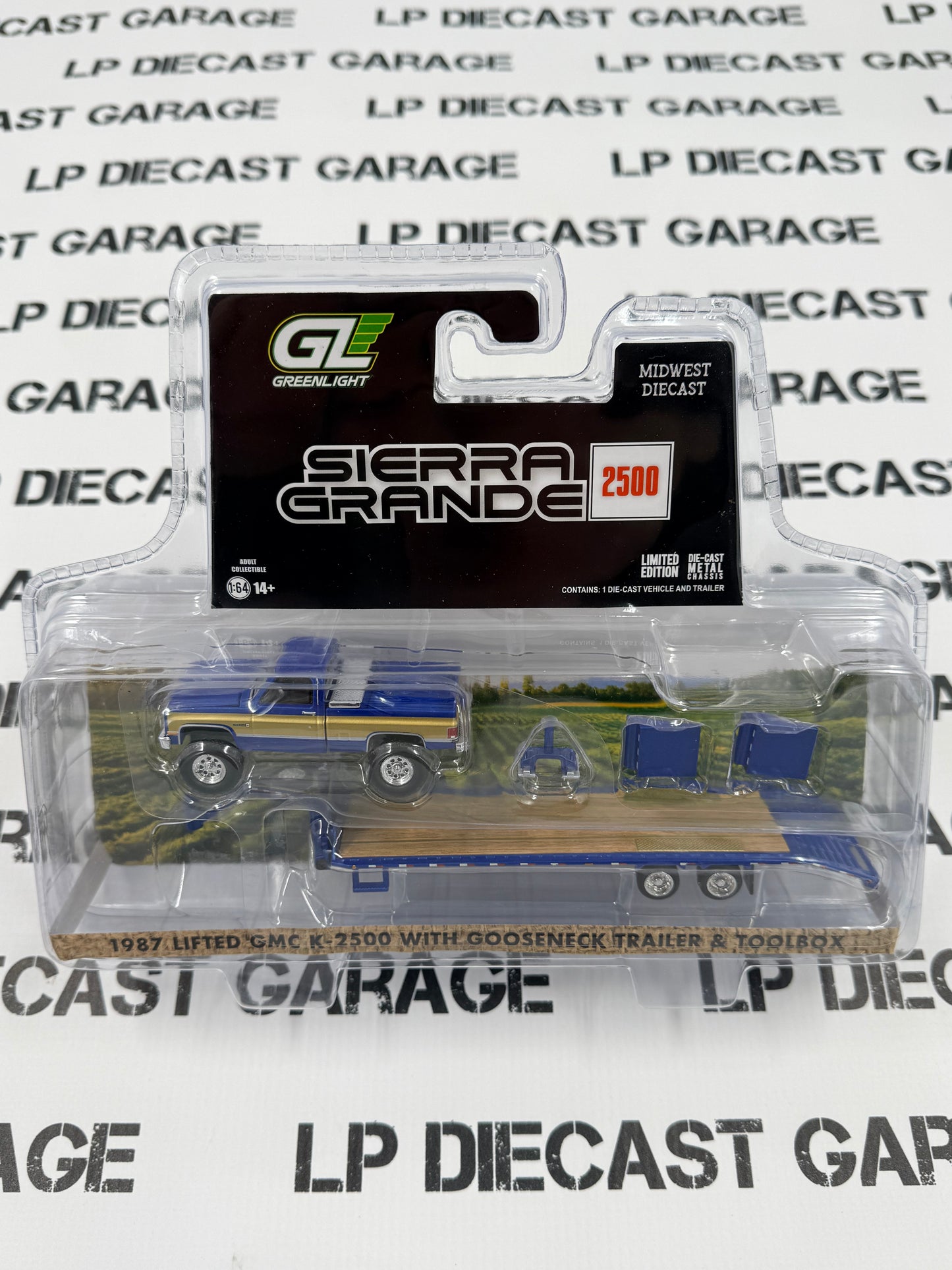 GREENLIGHT 1987 GMC Sierra K2500 Blue w/ Gooseneck Trailer 1:64 Diecast Midwest Exclusive