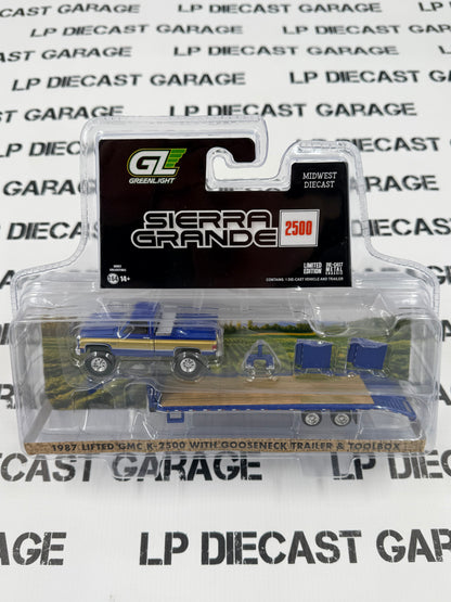 GREENLIGHT 1987 GMC Sierra K2500 Blue w/ Gooseneck Trailer 1:64 Diecast Midwest Exclusive