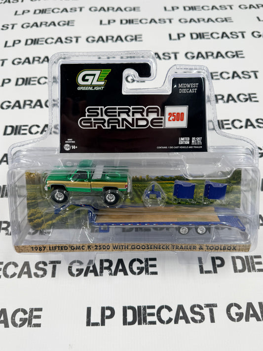 CHASE GREENLIGHT 1987 GMC Sierra K2500 Blue w/ Gooseneck Trailer 1:64 Diecast Midwest Exclusive
