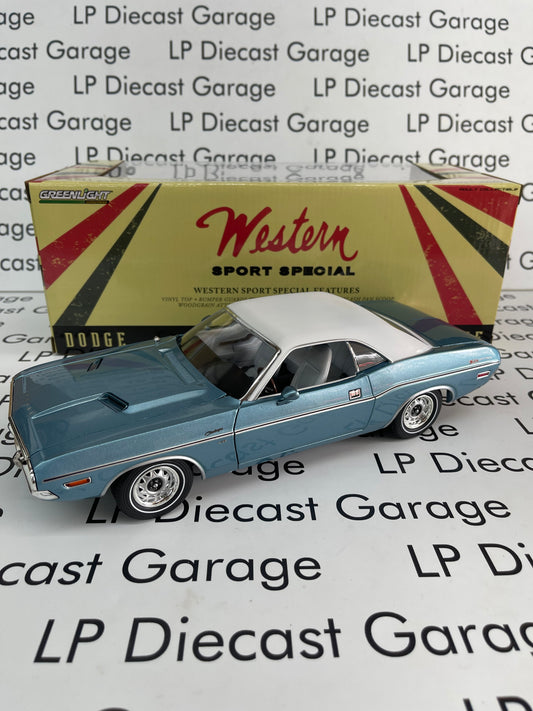 GREENLIGHT 1970 Dodge Challenger Western Sport Special Light Blue Poly w/ White Top 1:18 Diecast *FLAWS*