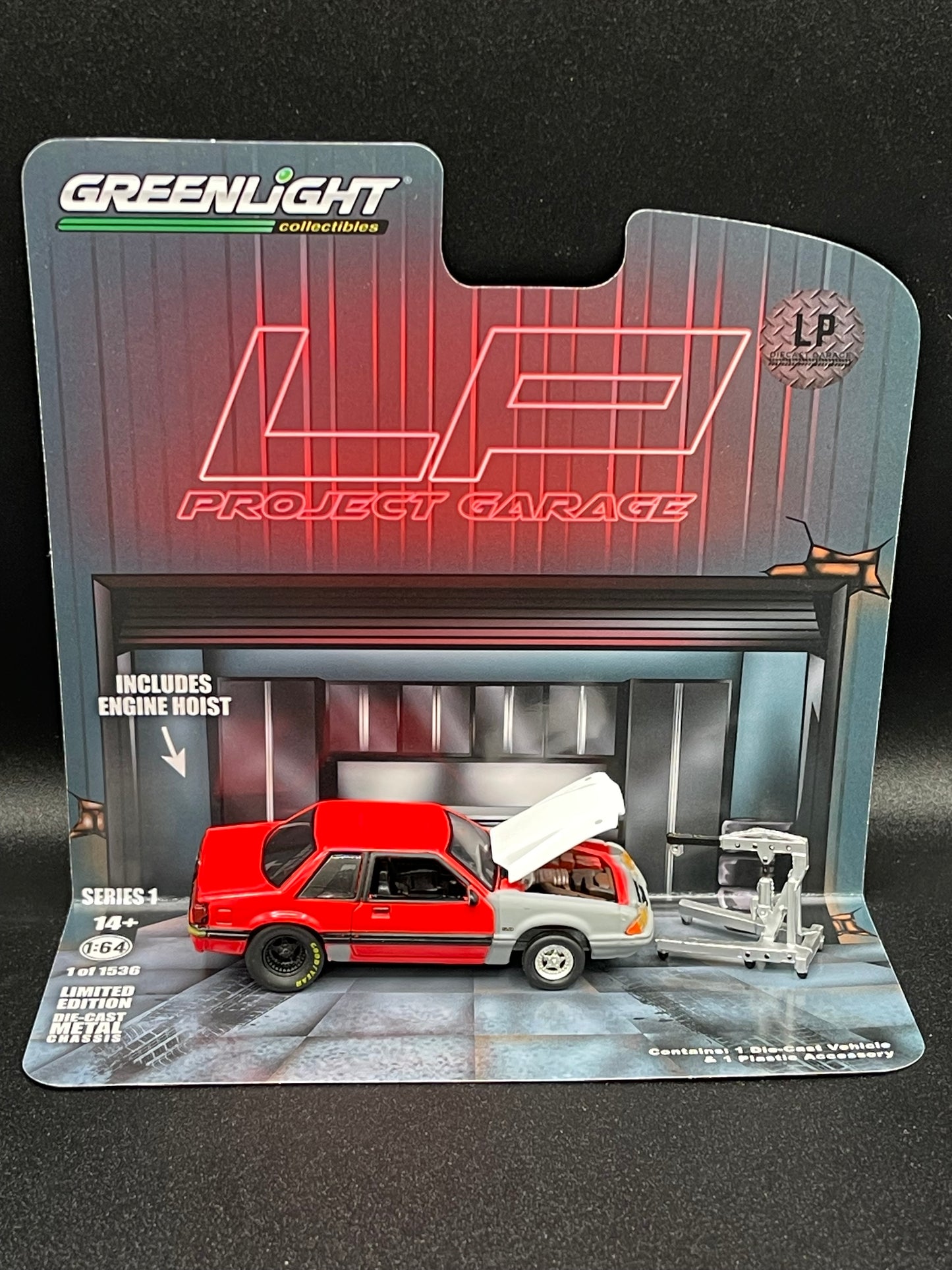 GREENLIGHT 1987 Ford Mustang LX with Engine Hoist Red Project LP Diecast Garage Exclusive 1:64 Diecast Promo