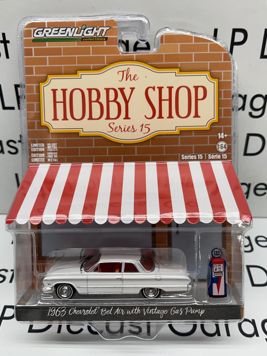 GREENLIGHT 1963 Chevrolet Bel Air White w/ Gas Pump 1:64 Diecast Hobby Shop