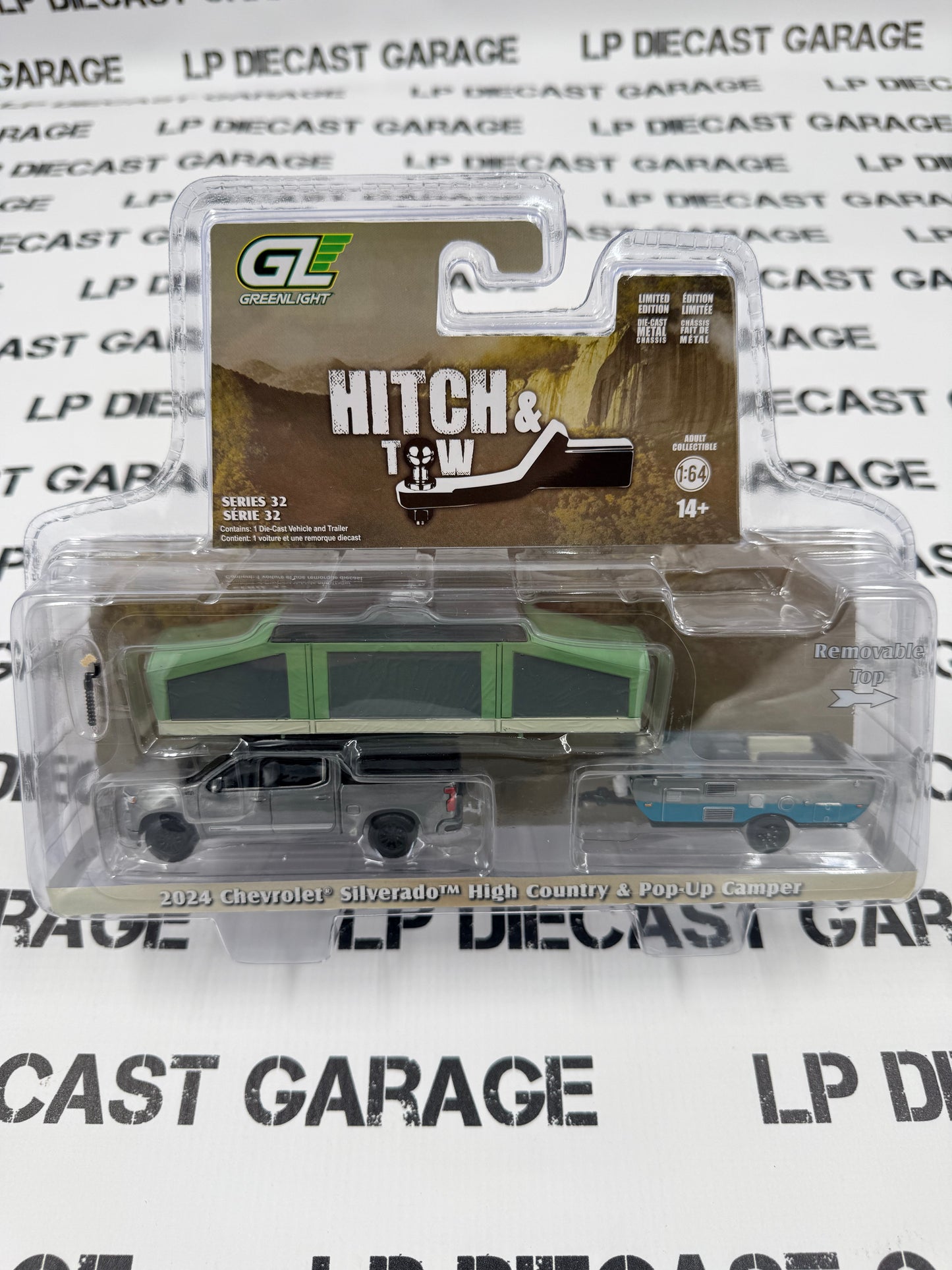 RAW CHASE GREENLIGHT 2024 Chevrolet Silverado & Pop-Up Camper Gray 1:64 Diecast Hitch & Tow