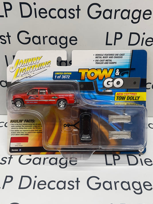 JOHNNY LIGHTNING 2002 Chevy Silverado & Tow Dolly Gloss Orange Auto Salvage Truck 1:64 Diecast