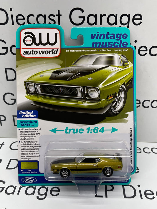 AUTO WORLD 1973 Ford Mustang Mach 1 Bright Green Gold Poly Vintage Muscle 1:64 Diecast