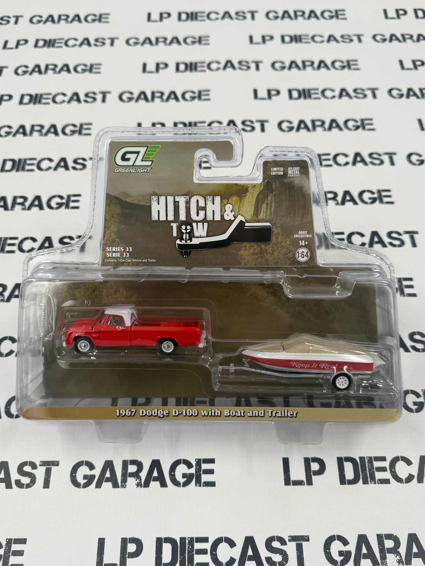 GREENLIGHT 1967 Dodge D-100 w/ Boat & Trailer Red 1:64 Diecast Hitch & Tow