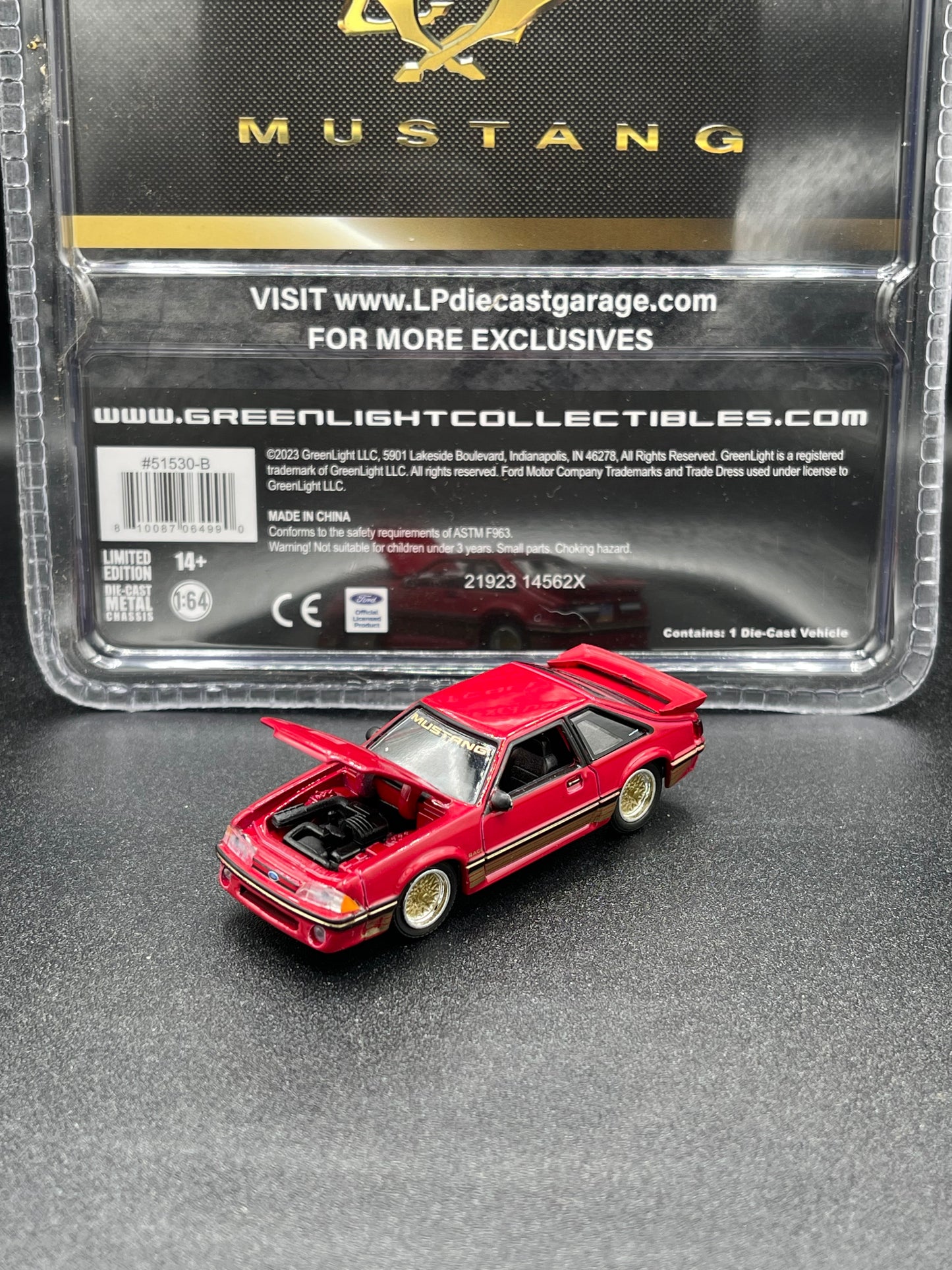 GREENLIGHT 1988 Ford Mustang Motorsport "SLN" Scarlet Red with Gold Decals LP Diecast Garage Exclusive 1:64 Diecast Promo